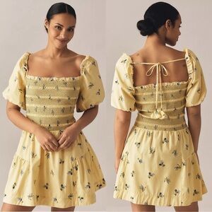 NWT! Anthropologie Yellow Puff-Sleeve Square-Neck Smocked Mini Dress 🎢🖼️